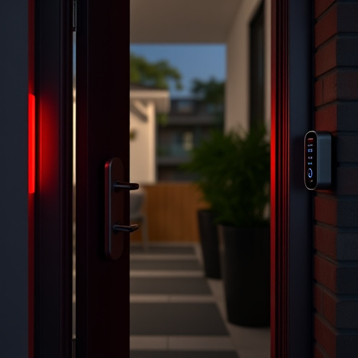 apartment entry secured with bolt lock,flashing red home security alert light at night,sensor alert notification on homeowner’s phone,smart video doorbell on suburban porch,security keypad on modern apartment wall,compact wireless doorbell at urban entry
