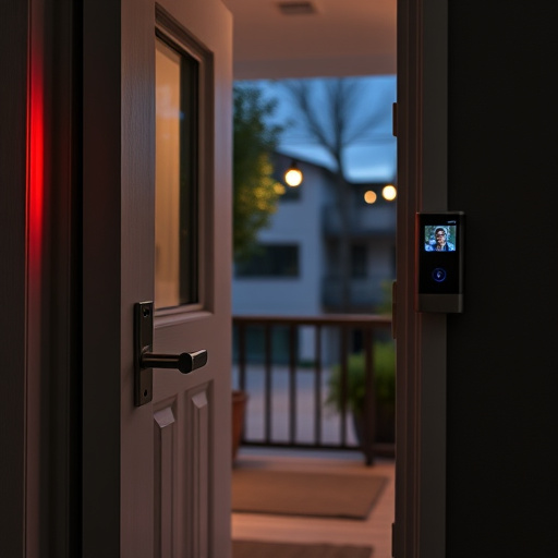 apartment entry secured with bolt lock,flashing red home security alert light at night,sensor alert notification on homeowner’s phone,smart video doorbell on suburban porch,security keypad on modern apartment wall,compact wireless doorbell at urban entry