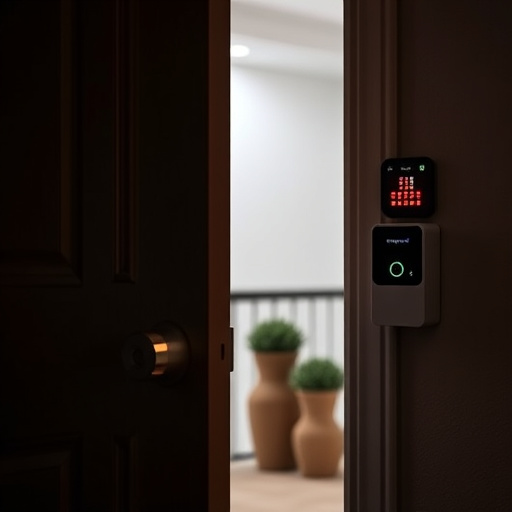 apartment entry secured with bolt lock,flashing red home security alert light at night,sensor alert notification on homeowner’s phone,smart video doorbell on suburban porch,security keypad on modern apartment wall,compact wireless doorbell at urban entry