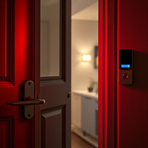 apartment entry secured with bolt lock,flashing red home security alert light at night,sensor alert notification on homeowner’s phone,smart video doorbell on suburban porch,security keypad on modern apartment wall,compact wireless doorbell at urban entry
