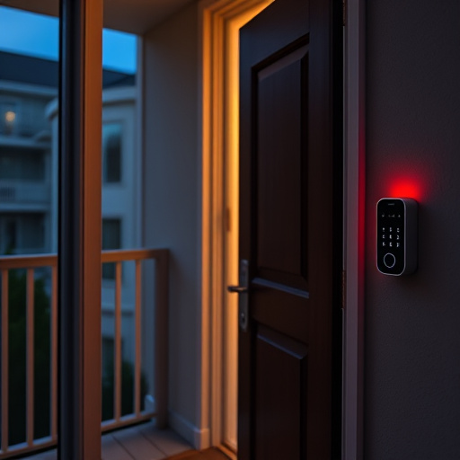 apartment entry secured with bolt lock,flashing red home security alert light at night,sensor alert notification on homeowner’s phone,smart video doorbell on suburban porch,security keypad on modern apartment wall,compact wireless doorbell at urban entry