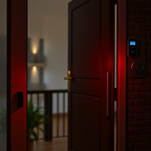 apartment entry secured with bolt lock,flashing red home security alert light at night,sensor alert notification on homeowner’s phone,smart video doorbell on suburban porch,security keypad on modern apartment wall,compact wireless doorbell at urban entry
