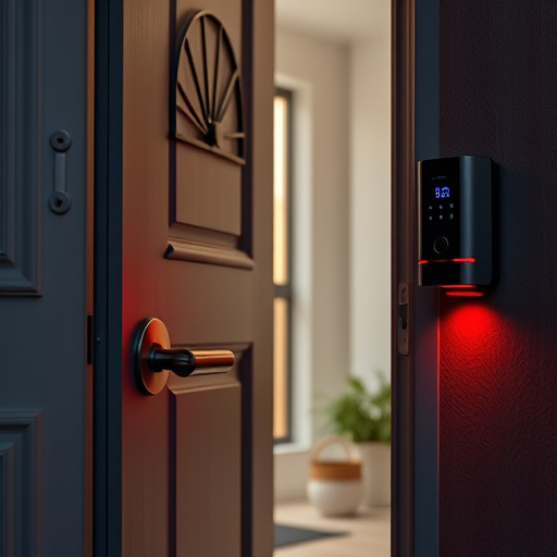 apartment entry secured with bolt lock,flashing red home security alert light at night,sensor alert notification on homeowner’s phone,smart video doorbell on suburban porch,security keypad on modern apartment wall,compact wireless doorbell at urban entry