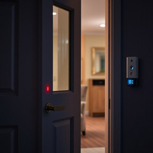apartment entry secured with bolt lock,flashing red home security alert light at night,sensor alert notification on homeowner’s phone,smart video doorbell on suburban porch,security keypad on modern apartment wall,compact wireless doorbell at urban entry