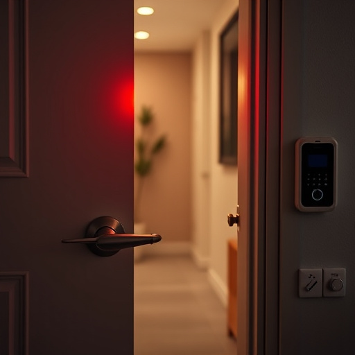 apartment entry secured with bolt lock,flashing red home security alert light at night,sensor alert notification on homeowner’s phone,smart video doorbell on suburban porch,security keypad on modern apartment wall,compact wireless doorbell at urban entry