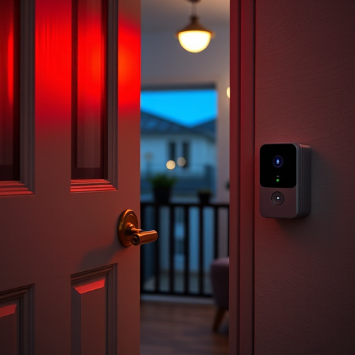 apartment entry secured with bolt lock,flashing red home security alert light at night,sensor alert notification on homeowner’s phone,smart video doorbell on suburban porch,security keypad on modern apartment wall,compact wireless doorbell at urban entry