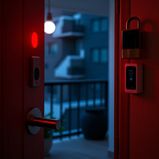apartment entry secured with bolt lock,flashing red home security alert light at night,sensor alert notification on homeowner’s phone,smart video doorbell on suburban porch,security keypad on modern apartment wall,compact wireless doorbell at urban entry