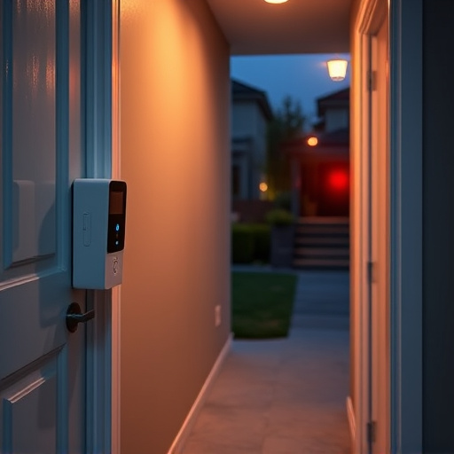 compact wireless doorbell at urban entry,emergency alert system inside hallway,apartment entry secured with bolt lock,doorbell camera recording visitor at night,night vision security camera watching driveway,flashing red home security alert light at night