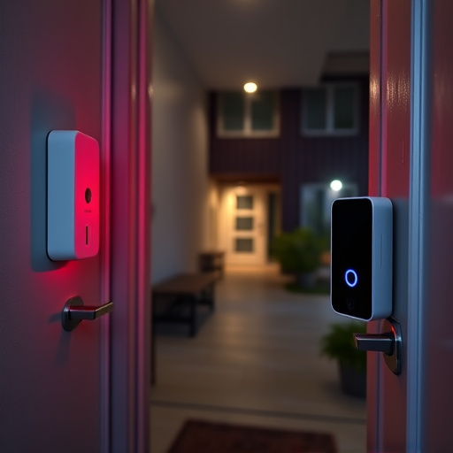 compact wireless doorbell at urban entry,emergency alert system inside hallway,apartment entry secured with bolt lock,doorbell camera recording visitor at night,night vision security camera watching driveway,flashing red home security alert light at night