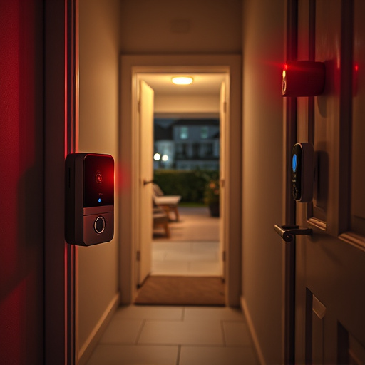 compact wireless doorbell at urban entry,emergency alert system inside hallway,apartment entry secured with bolt lock,doorbell camera recording visitor at night,night vision security camera watching driveway,flashing red home security alert light at night
