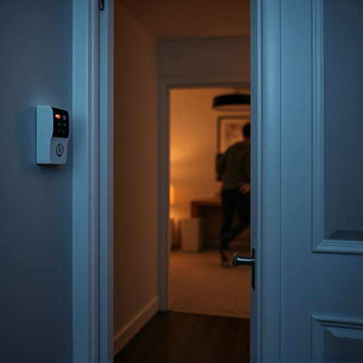 compact wireless doorbell at urban entry,emergency alert system inside hallway,apartment entry secured with bolt lock,doorbell camera recording visitor at night,night vision security camera watching driveway,flashing red home security alert light at night