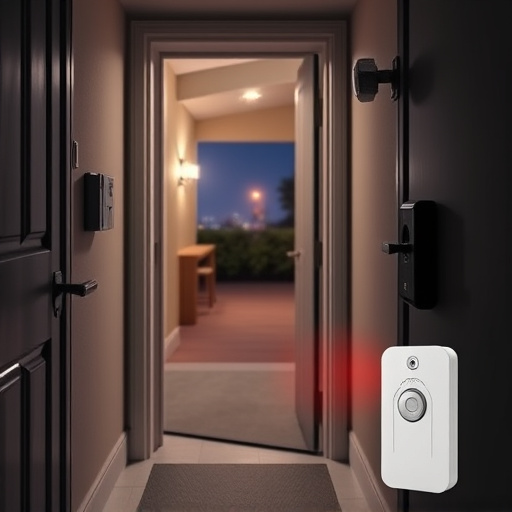 compact wireless doorbell at urban entry,emergency alert system inside hallway,apartment entry secured with bolt lock,doorbell camera recording visitor at night,night vision security camera watching driveway,flashing red home security alert light at night