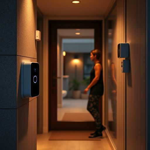 compact wireless doorbell at urban entry,doorbell camera recording visitor at night,emergency alert system inside hallway,connected smart home with multiple sensors,ai security camera scanning for movement,glass break sensor on sliding door