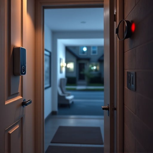 compact wireless doorbell at urban entry,emergency alert system inside hallway,apartment entry secured with bolt lock,doorbell camera recording visitor at night,night vision security camera watching driveway,flashing red home security alert light at night