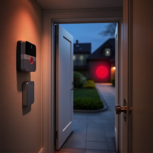 compact wireless doorbell at urban entry,emergency alert system inside hallway,apartment entry secured with bolt lock,doorbell camera recording visitor at night,night vision security camera watching driveway,flashing red home security alert light at night