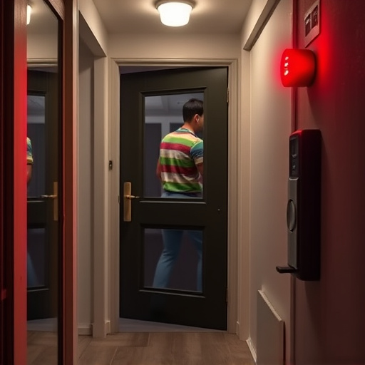 compact wireless doorbell at urban entry,emergency alert system inside hallway,apartment entry secured with bolt lock,doorbell camera recording visitor at night,night vision security camera watching driveway,flashing red home security alert light at night