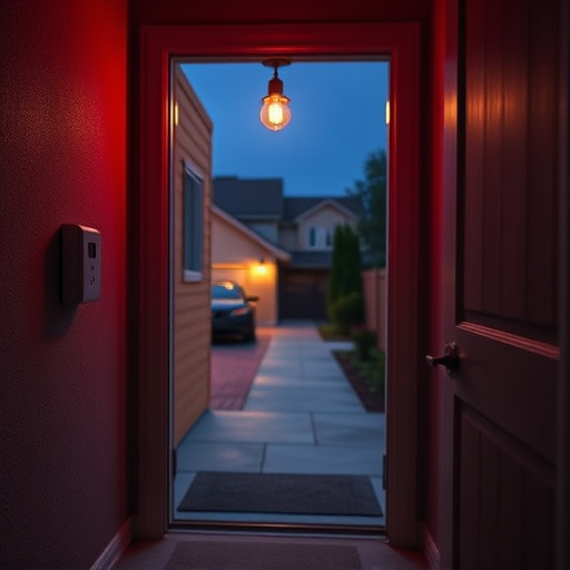 compact wireless doorbell at urban entry,emergency alert system inside hallway,apartment entry secured with bolt lock,doorbell camera recording visitor at night,night vision security camera watching driveway,flashing red home security alert light at night