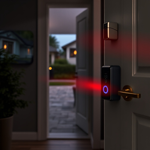 compact wireless doorbell at urban entry,emergency alert system inside hallway,apartment entry secured with bolt lock,doorbell camera recording visitor at night,night vision security camera watching driveway,flashing red home security alert light at night