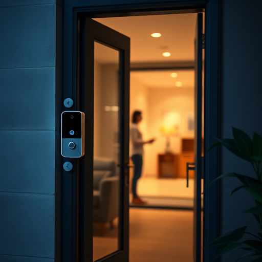 compact wireless doorbell at urban entry,doorbell camera recording visitor at night,emergency alert system inside hallway,connected smart home with multiple sensors,ai security camera scanning for movement,glass break sensor on sliding door