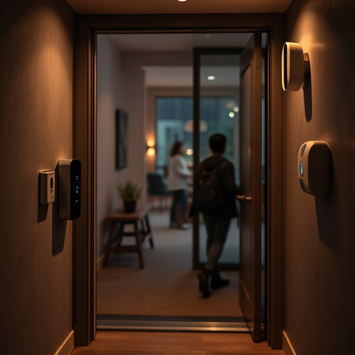 compact wireless doorbell at urban entry,doorbell camera recording visitor at night,emergency alert system inside hallway,connected smart home with multiple sensors,ai security camera scanning for movement,glass break sensor on sliding door