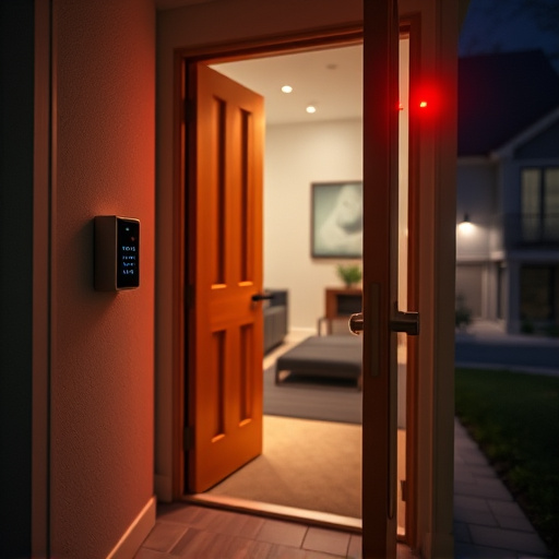 compact wireless doorbell at urban entry,emergency alert system inside hallway,apartment entry secured with bolt lock,doorbell camera recording visitor at night,night vision security camera watching driveway,flashing red home security alert light at night