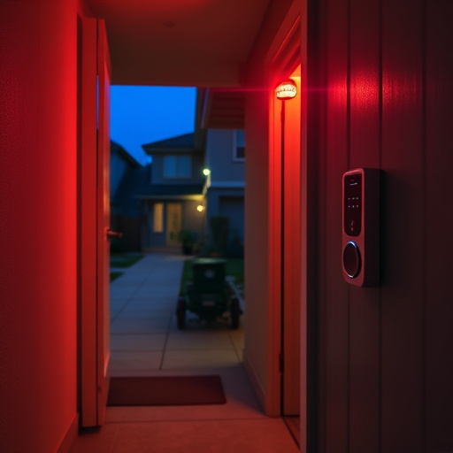 compact wireless doorbell at urban entry,emergency alert system inside hallway,apartment entry secured with bolt lock,doorbell camera recording visitor at night,night vision security camera watching driveway,flashing red home security alert light at night