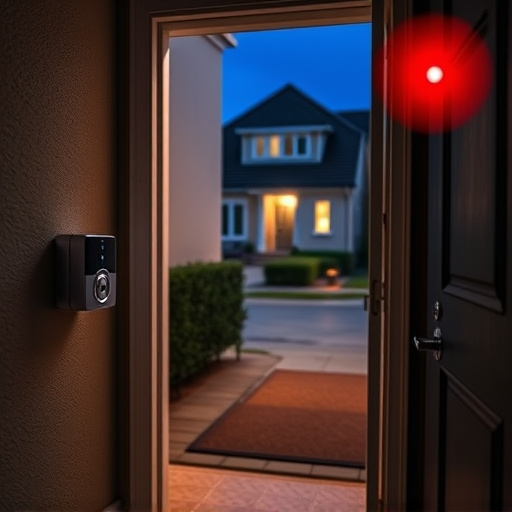 compact wireless doorbell at urban entry,emergency alert system inside hallway,apartment entry secured with bolt lock,doorbell camera recording visitor at night,night vision security camera watching driveway,flashing red home security alert light at night