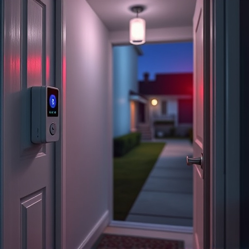 compact wireless doorbell at urban entry,emergency alert system inside hallway,apartment entry secured with bolt lock,doorbell camera recording visitor at night,night vision security camera watching driveway,flashing red home security alert light at night