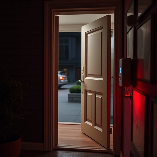 compact wireless doorbell at urban entry,emergency alert system inside hallway,apartment entry secured with bolt lock,doorbell camera recording visitor at night,night vision security camera watching driveway,flashing red home security alert light at night