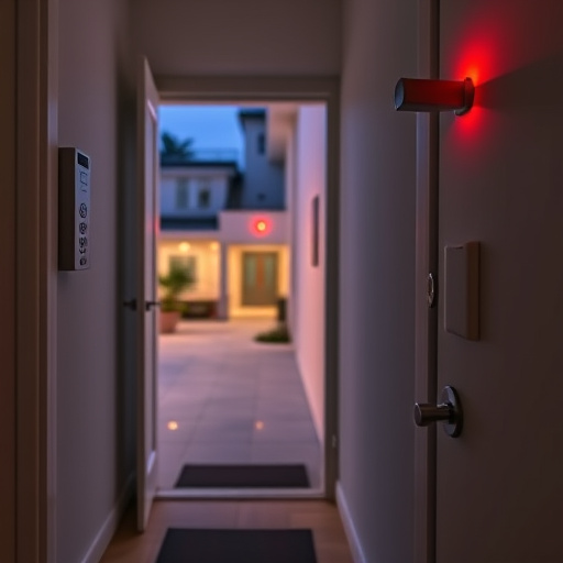 compact wireless doorbell at urban entry,emergency alert system inside hallway,apartment entry secured with bolt lock,doorbell camera recording visitor at night,night vision security camera watching driveway,flashing red home security alert light at night