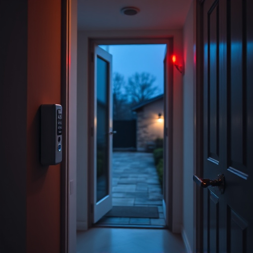 compact wireless doorbell at urban entry,emergency alert system inside hallway,apartment entry secured with bolt lock,doorbell camera recording visitor at night,night vision security camera watching driveway,flashing red home security alert light at night
