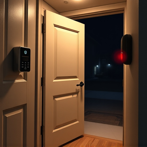 compact wireless doorbell at urban entry,emergency alert system inside hallway,apartment entry secured with bolt lock,doorbell camera recording visitor at night,night vision security camera watching driveway,flashing red home security alert light at night