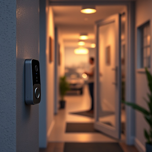 compact wireless doorbell at urban entry,doorbell camera recording visitor at night,emergency alert system inside hallway,connected smart home with multiple sensors,ai security camera scanning for movement,glass break sensor on sliding door
