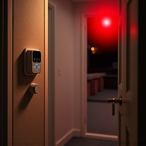 compact wireless doorbell at urban entry,emergency alert system inside hallway,apartment entry secured with bolt lock,doorbell camera recording visitor at night,night vision security camera watching driveway,flashing red home security alert light at night