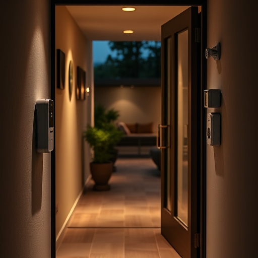 compact wireless doorbell at urban entry,doorbell camera recording visitor at night,emergency alert system inside hallway,connected smart home with multiple sensors,ai security camera scanning for movement,glass break sensor on sliding door