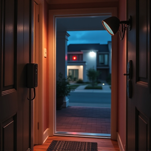 compact wireless doorbell at urban entry,emergency alert system inside hallway,apartment entry secured with bolt lock,doorbell camera recording visitor at night,night vision security camera watching driveway,flashing red home security alert light at night