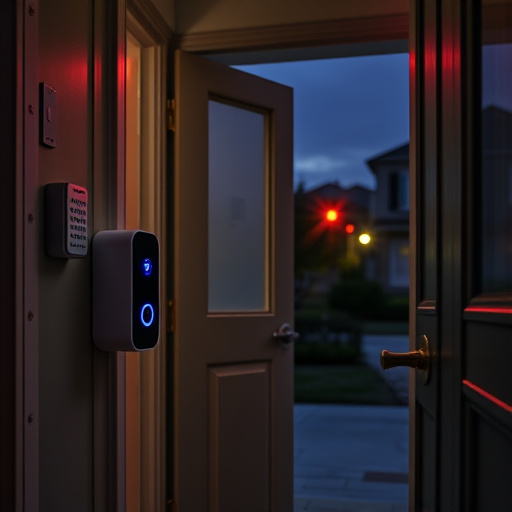 compact wireless doorbell at urban entry,emergency alert system inside hallway,apartment entry secured with bolt lock,doorbell camera recording visitor at night,night vision security camera watching driveway,flashing red home security alert light at night