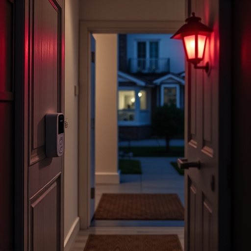 compact wireless doorbell at urban entry,emergency alert system inside hallway,apartment entry secured with bolt lock,doorbell camera recording visitor at night,night vision security camera watching driveway,flashing red home security alert light at night