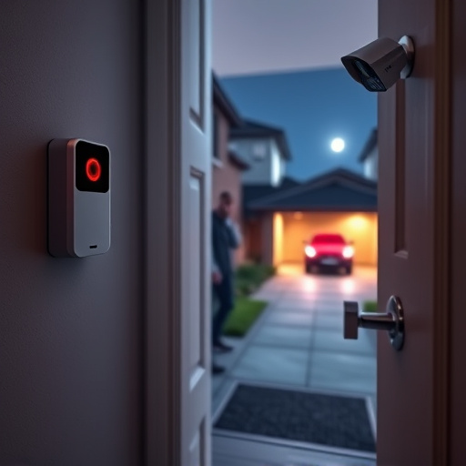compact wireless doorbell at urban entry,emergency alert system inside hallway,apartment entry secured with bolt lock,doorbell camera recording visitor at night,night vision security camera watching driveway,flashing red home security alert light at night