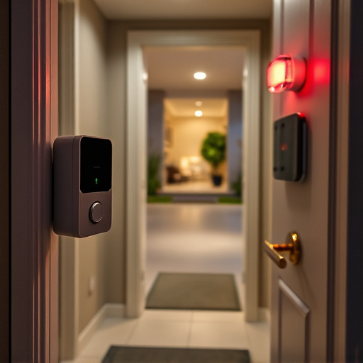 compact wireless doorbell at urban entry,emergency alert system inside hallway,apartment entry secured with bolt lock,doorbell camera recording visitor at night,night vision security camera watching driveway,flashing red home security alert light at night