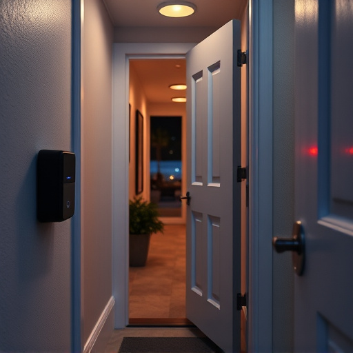 compact wireless doorbell at urban entry,emergency alert system inside hallway,apartment entry secured with bolt lock,doorbell camera recording visitor at night,night vision security camera watching driveway,flashing red home security alert light at night