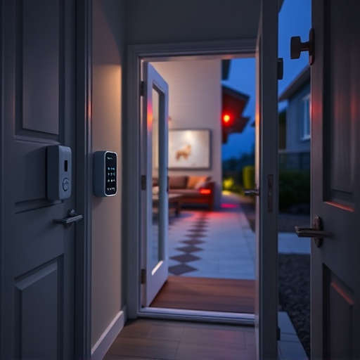 compact wireless doorbell at urban entry,emergency alert system inside hallway,apartment entry secured with bolt lock,doorbell camera recording visitor at night,night vision security camera watching driveway,flashing red home security alert light at night