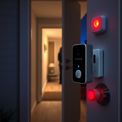 compact wireless doorbell at urban entry,emergency alert system inside hallway,apartment entry secured with bolt lock,doorbell camera recording visitor at night,night vision security camera watching driveway,flashing red home security alert light at night