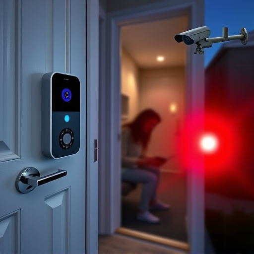 compact wireless doorbell at urban entry,emergency alert system inside hallway,apartment entry secured with bolt lock,doorbell camera recording visitor at night,night vision security camera watching driveway,flashing red home security alert light at night