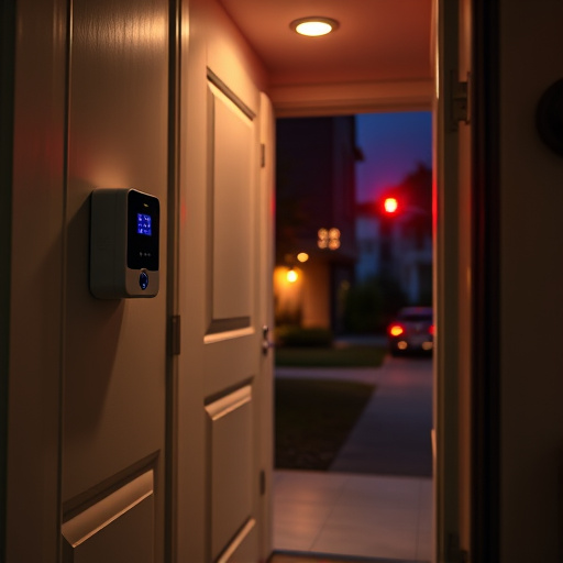 compact wireless doorbell at urban entry,emergency alert system inside hallway,apartment entry secured with bolt lock,doorbell camera recording visitor at night,night vision security camera watching driveway,flashing red home security alert light at night