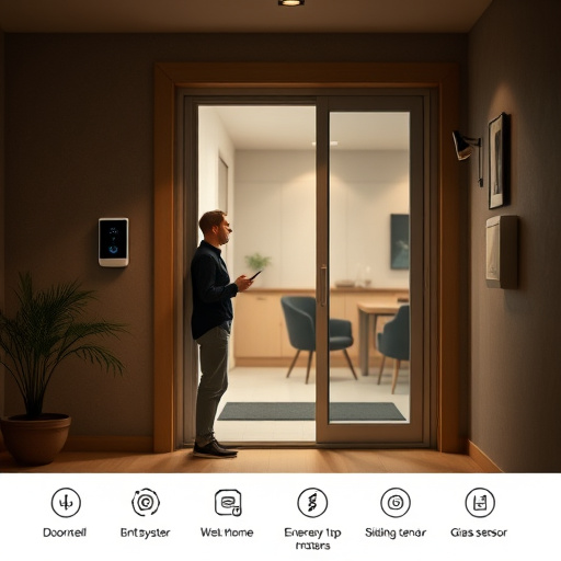 compact wireless doorbell at urban entry,doorbell camera recording visitor at night,emergency alert system inside hallway,connected smart home with multiple sensors,ai security camera scanning for movement,glass break sensor on sliding door