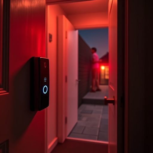 compact wireless doorbell at urban entry,emergency alert system inside hallway,apartment entry secured with bolt lock,doorbell camera recording visitor at night,night vision security camera watching driveway,flashing red home security alert light at night