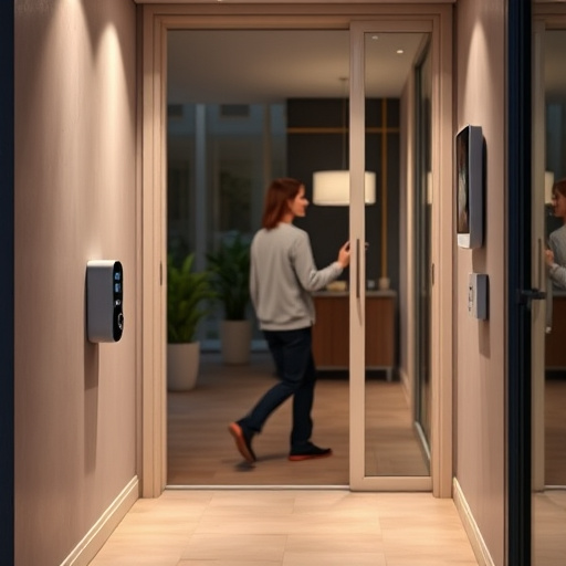 compact wireless doorbell at urban entry,doorbell camera recording visitor at night,emergency alert system inside hallway,connected smart home with multiple sensors,ai security camera scanning for movement,glass break sensor on sliding door