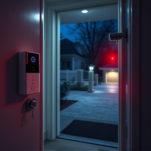 compact wireless doorbell at urban entry,emergency alert system inside hallway,apartment entry secured with bolt lock,doorbell camera recording visitor at night,night vision security camera watching driveway,flashing red home security alert light at night