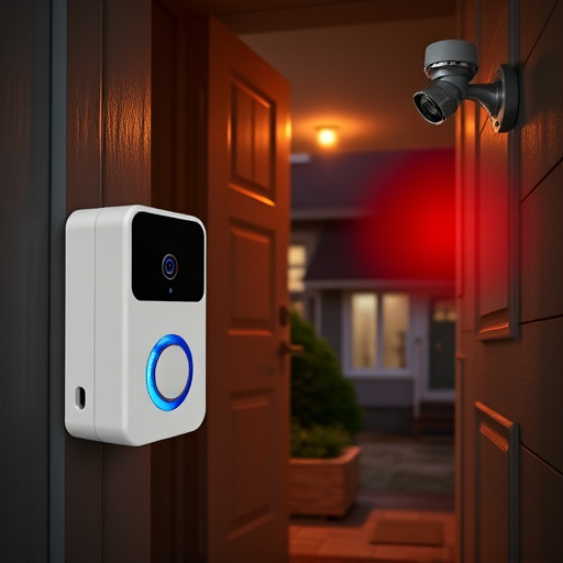 compact wireless doorbell at urban entry,emergency alert system inside hallway,apartment entry secured with bolt lock,doorbell camera recording visitor at night,night vision security camera watching driveway,flashing red home security alert light at night